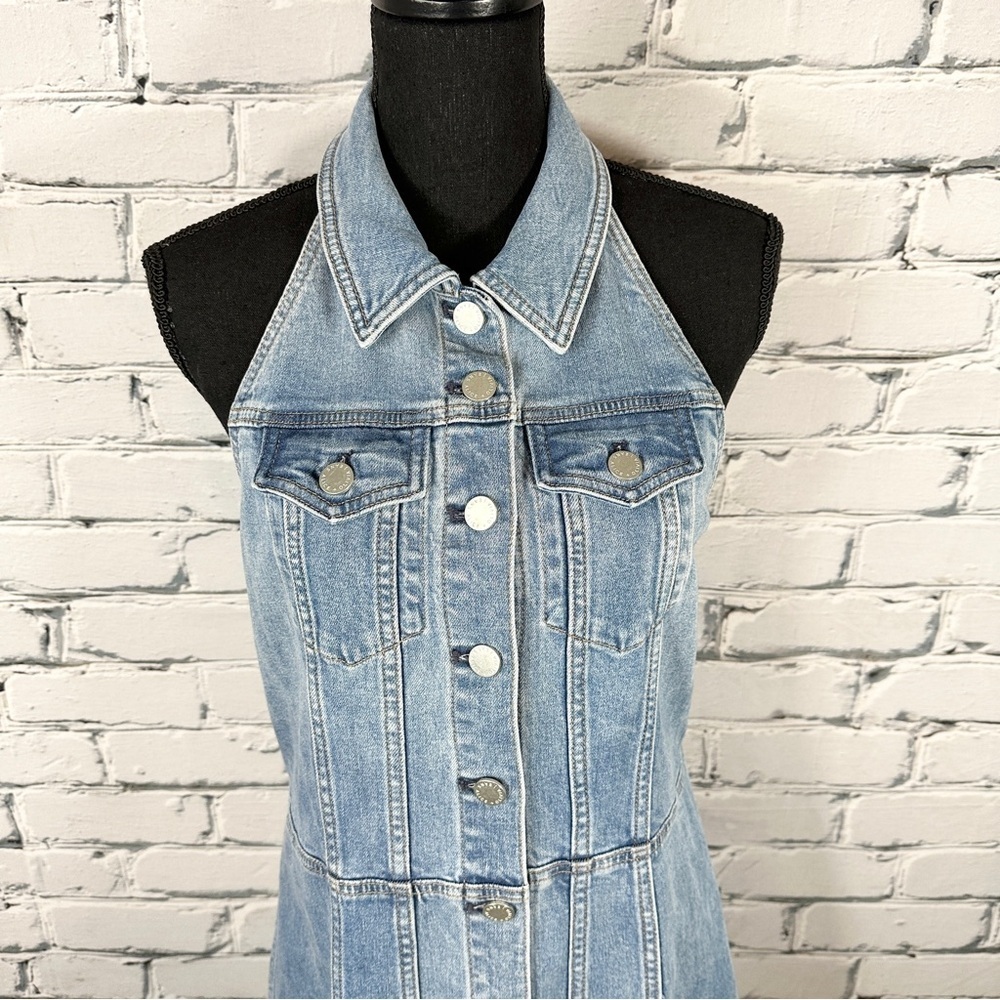 Alice + Olivia Kendall Denim Halter Mini Dress Size 12 Ivy Blue Festival Western - Picture 6 of 15